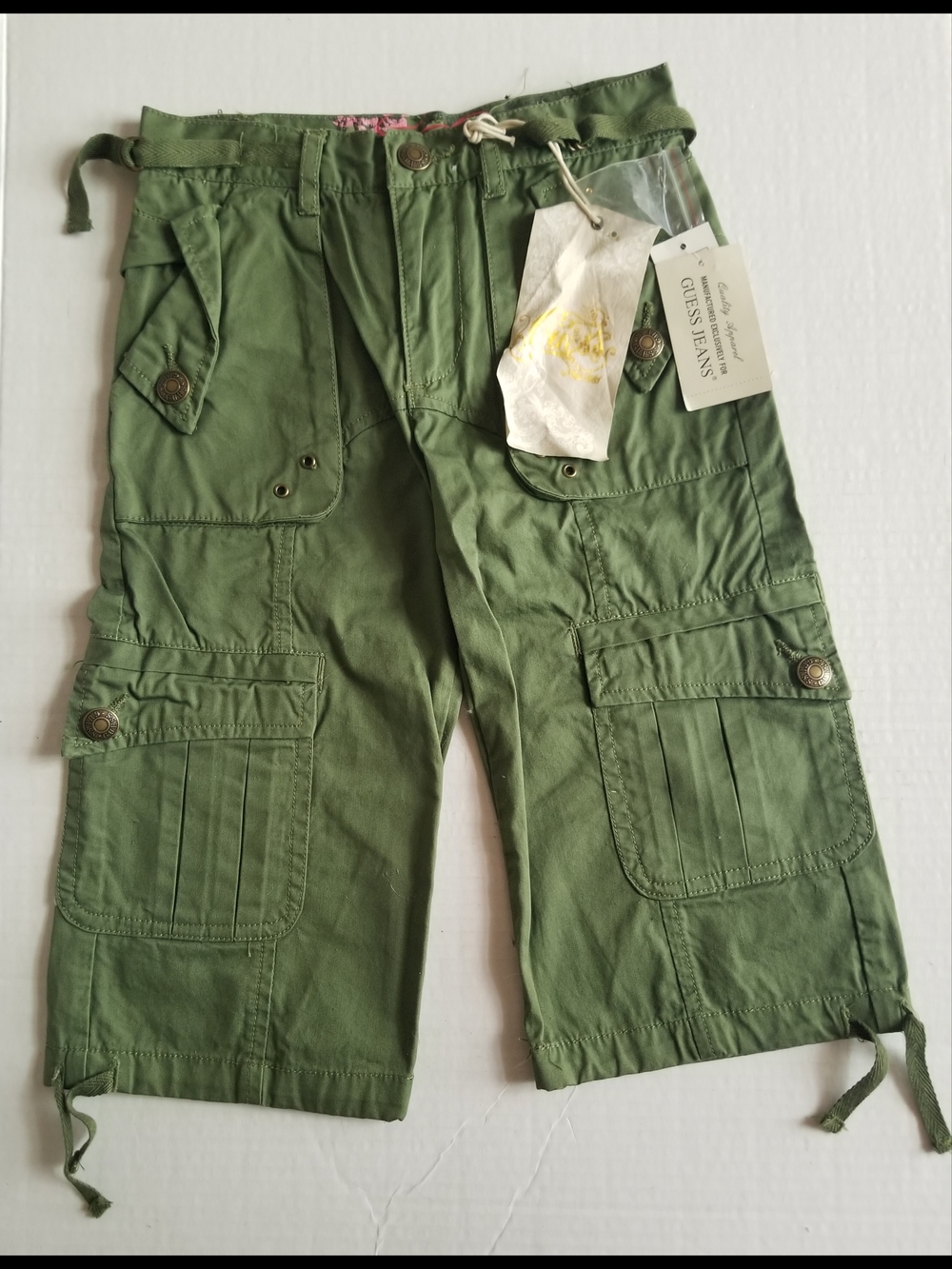 Vtg 1980s NWT Girls Guess Logo Green Cropped Cargo Pants with Utility Pockets